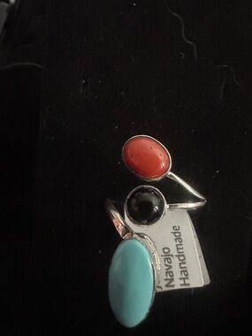 Alice Johnson Navajo Handmade Adjustable Ring, Turquoise, Black Onyx, Red Coral